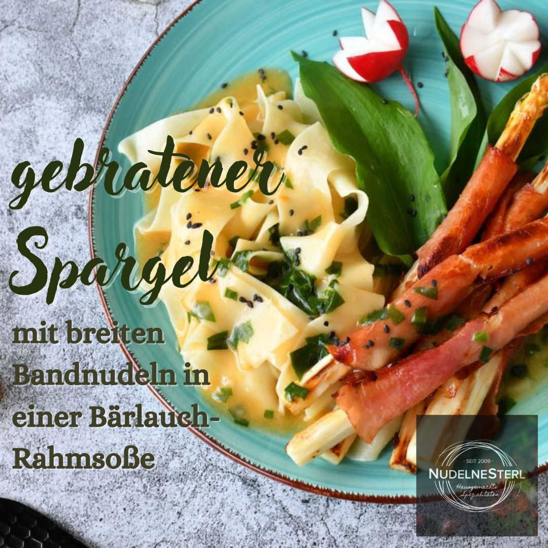 Rezept für gebratenen Spargel mit breiten Bandnudeln und Rahmsoße
